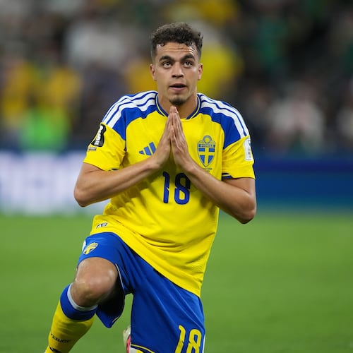 Sweden's Yasin Ayari (18) celebrates after scoring his side's opening goal during the World Cup Group F soccer match between Sweden and Tunisia in Guadalupe, near Monterrey, Mexico, Sunday, June 14, 2026. (AP Photo/Moises Castillo)