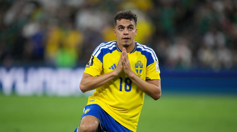 Sweden's Yasin Ayari (18) celebrates after scoring his side's opening goal during the World Cup Group F soccer match between Sweden and Tunisia in Guadalupe, near Monterrey, Mexico, Sunday, June 14, 2026. (AP Photo/Moises Castillo)
