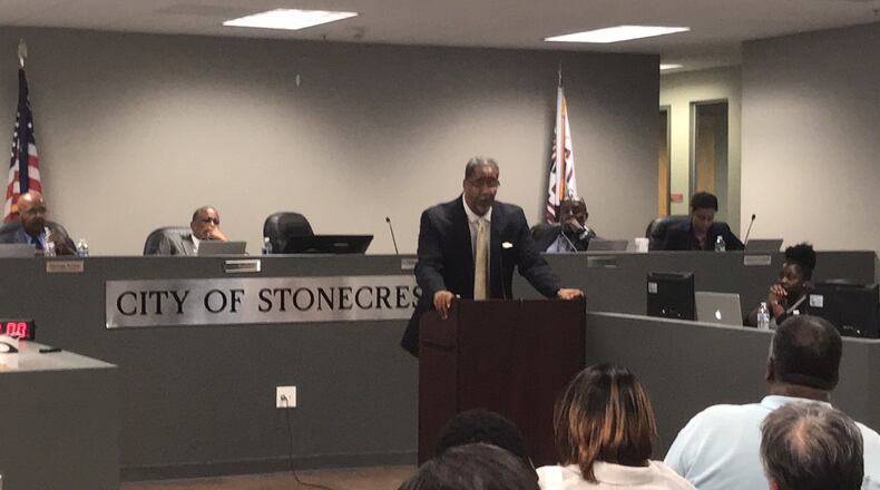 Stonecrest Mayor Jason Lary, speaking at the Sept. 17, 2018 City Council meeting. TIA MITCHELL/TIA.MITCHELL@AJC.COM
