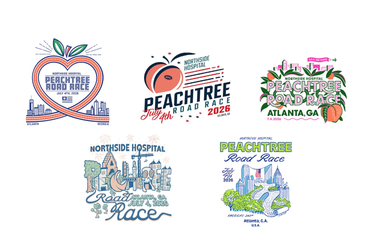 The five finalists for the 2026 Peachtree Road Race T-shirt design contest.
