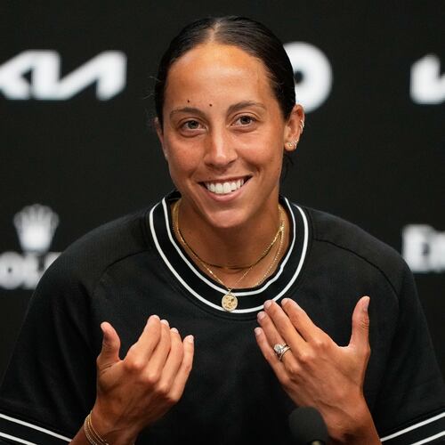 Madison Keyes of the United States reacts during press conference ahead of the Australian Open tennis championship in Melbourne, Australia, Friday, Jan. 16, 2026. (AP Photo/Aaron Favila)