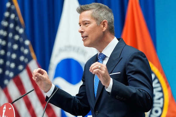 Transportation Secretary Sean Duffy announces a new air traffic control infrastructure plan, Thursday, May 8, 2025, in Washington. (AP Photo/Julia Demaree Nikhinson)