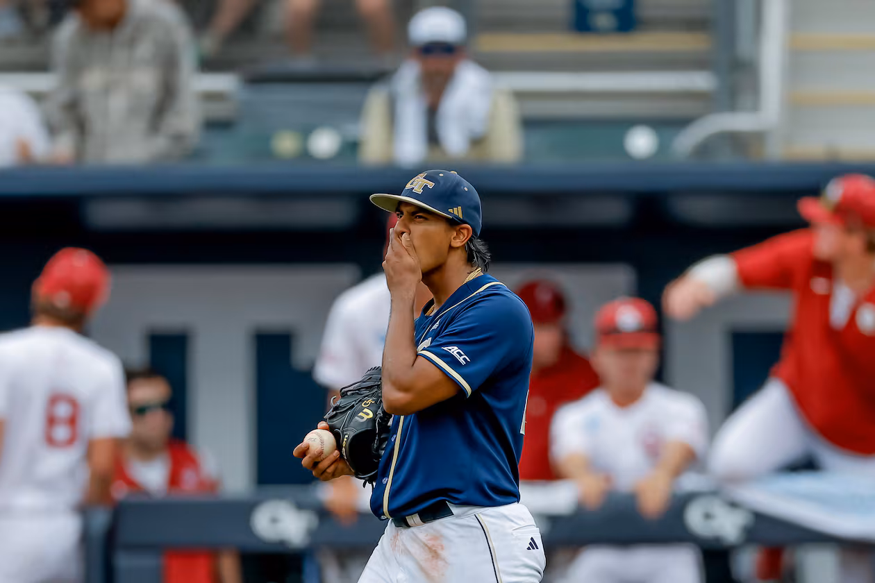 Georgia Tech pitcher Mason Patel (29) reacts in between Oklahoma batters in the eighth inning the NCAA D1 Atlanta Regional elimination baseball game at Russ Chandler Stadium, Monday, June 1, 2026, in Atlanta. (Erik S. Lesser for the AJC)