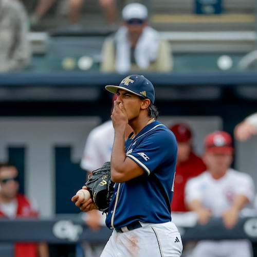 Georgia Tech pitcher Mason Patel (29) reacts in between Oklahoma batters in the eighth inning the NCAA D1 Atlanta Regional elimination baseball game at Russ Chandler Stadium, Monday, June 1, 2026, in Atlanta. (Erik S. Lesser for the AJC)
