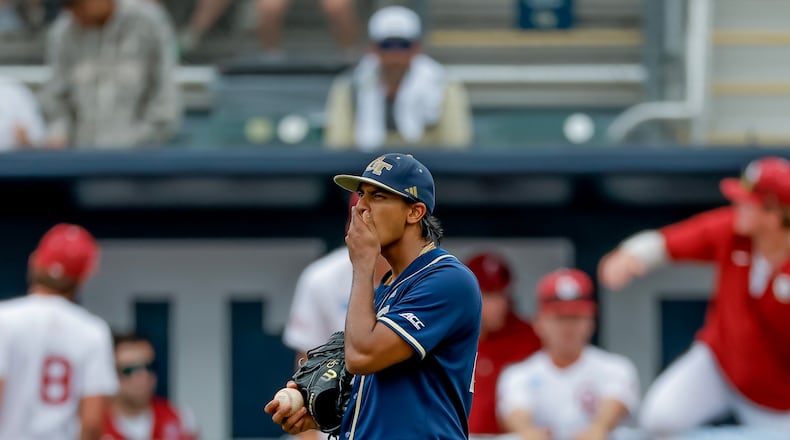 Georgia Tech pitcher Mason Patel (29) reacts in between Oklahoma batters in the eighth inning the NCAA D1 Atlanta Regional elimination baseball game at Russ Chandler Stadium, Monday, June 1, 2026, in Atlanta. (Erik S. Lesser for the AJC)