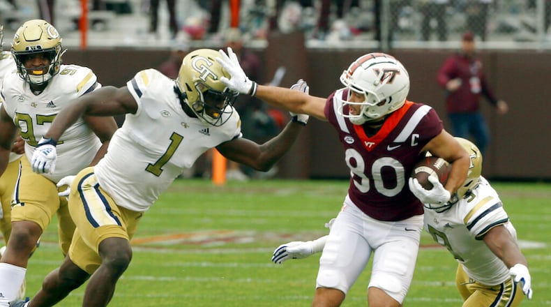 Georgia Tech's Charlie Thomas (1) was one of three Yellow Jackets selected for ACC honors on Monday for their performances against Virginia Tech. (Matt Gentry/The Roanoke Times via AP)