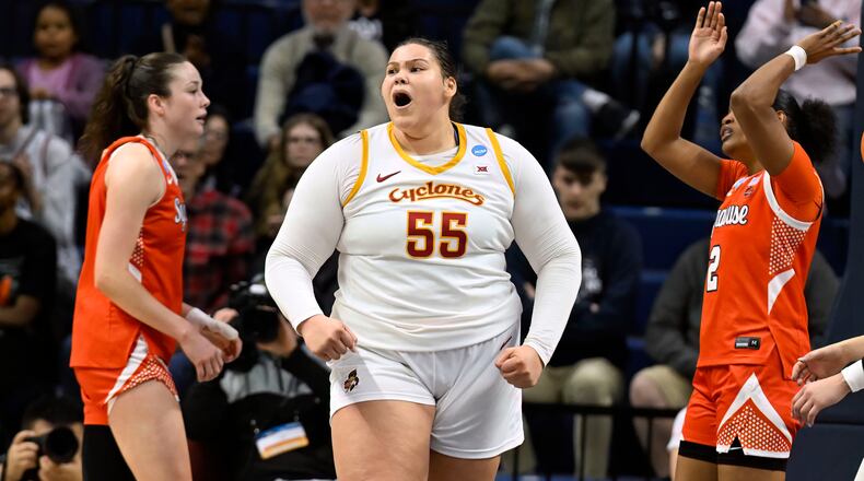 Iowa State center Audi Crooks (55) reacts after making a basket against Syracuse during the second half in the first round of the NCAA college basketball tournament, Saturday, March 21, 2026, in Storrs, Conn. (AP Photo/Jessica Hill)