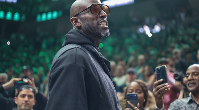 FILE - Former Minnesota Timberwolves player Kevin Garnett is introduced before an NBA basketball game between the New Orleans Pelicans and the Minnesota Timberwolves Sunday, April 12, 2026, in Minneapolis. (AP Photo/Matt Krohn, File)