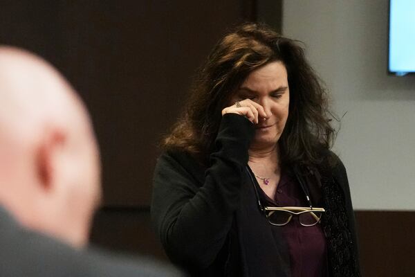 Cynthia Straus wipes her eyes after reading a victim impact statement during the sentencing hearing for Robert E. Crimo III., at the Lake County Courthouse, in Waukegan, Ill., Wednesday, April 23, 2025. (AP Photo/Nam Y. Huh, Pool)
