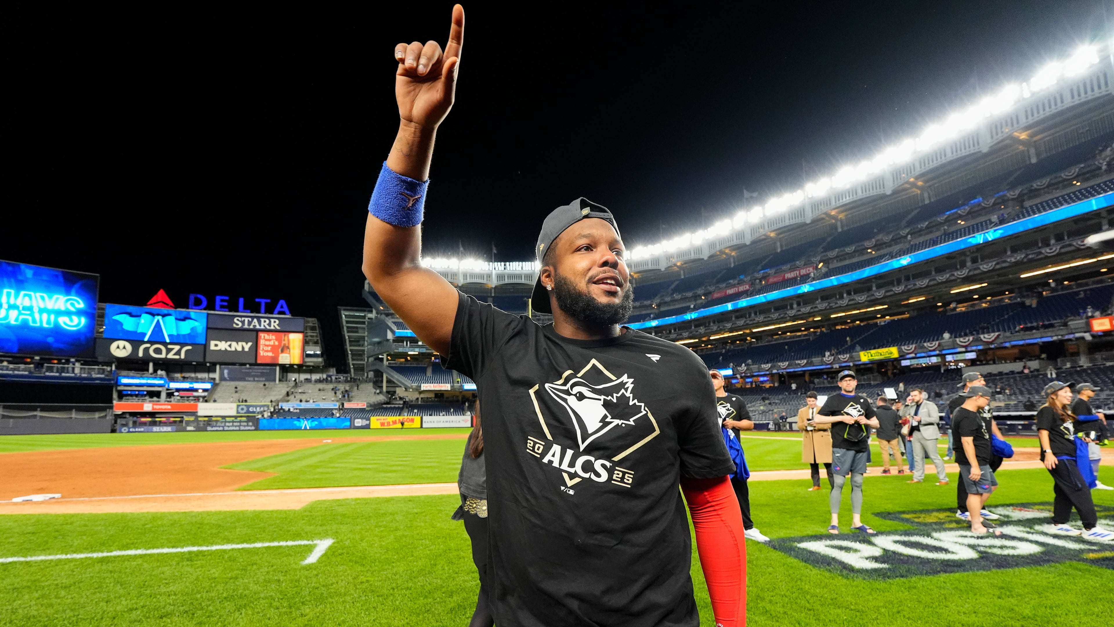 Toronto Blue Jays first baseman Vladimir Guerrero Jr. celebrates after the Blue Jays beat the New York Yankees in Game 4 of baseball's American League Division Series, Wednesday, Oct. 8, 2025, in New York. (AP Photo/Yuki Iwamura)