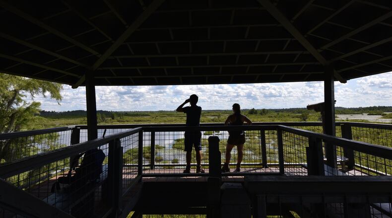 Tourists enjoy the view from the Owls Roost Tower in Okefenokee National Wildlife Refuge in Folkston. HYOSUB SHIN / HYOSUB.SHIN@AJC.COM