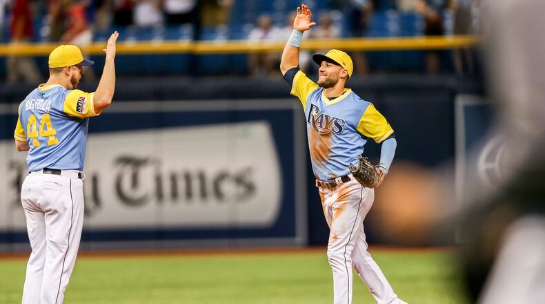 Tampa Bay Rays center fielder Kevin Kiermaier (right) celebrates after defeating the Boston Red Sox 5-1 on Saturday.