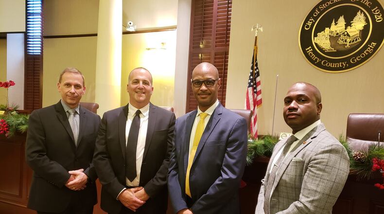 Stockridge hires four officers for newly created police department. They are (from left) Richard Godfrey, Glen Kalish, Ron Momon and Anton Paton.