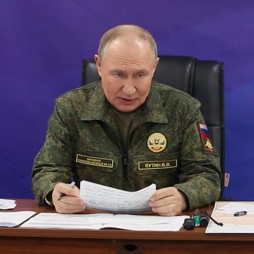 In this image made from video released by the Russian Presidential Press Office on Sunday, Oct. 26, 2025, Russian President Vladimir Putin speaks while visiting one of the command posts of the Joint Group of Forces. (Russian Presidential Press Office via AP)