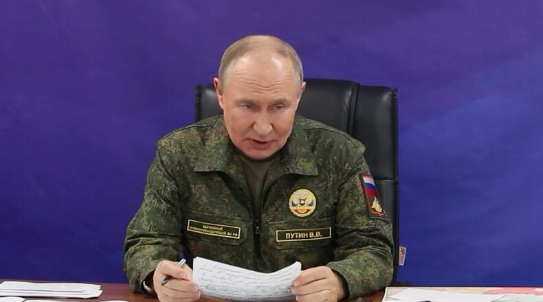 In this image made from video released by the Russian Presidential Press Office on Sunday, Oct. 26, 2025, Russian President Vladimir Putin speaks while visiting one of the command posts of the Joint Group of Forces. (Russian Presidential Press Office via AP)