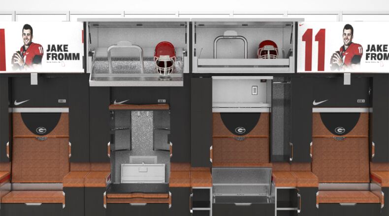 A rendering of Georgia's new locker-room stalls. QB Jake Fromm won’t be there however. Photo: UGA Athletic Department.