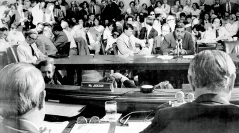 Bert Lance testifies before the Senate Government Affairs Committee in a standing-room-only courtroom in 1977. (Associated Press)