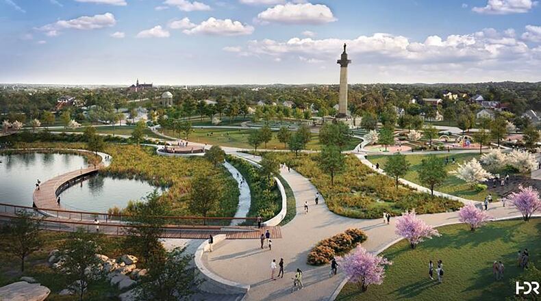 A rendering of Rodney Cook Sr. Park looks to the southwest towards the Atlanta University Center in the distance. The Georgia Peace Column rises in the near distance. (National Monuments Foundation)