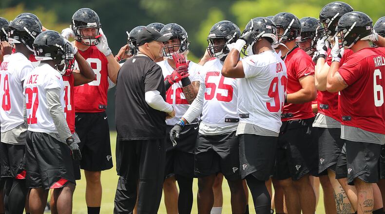 May 12, 2017, Flowery Branch: Falcons head coach Dan Quinn and his fresh crop of rookies take the field for rookie mini-camp on Friday, May 12, 2017, in Flowery Branch. Curtis Compton/ccompton@ajc.com