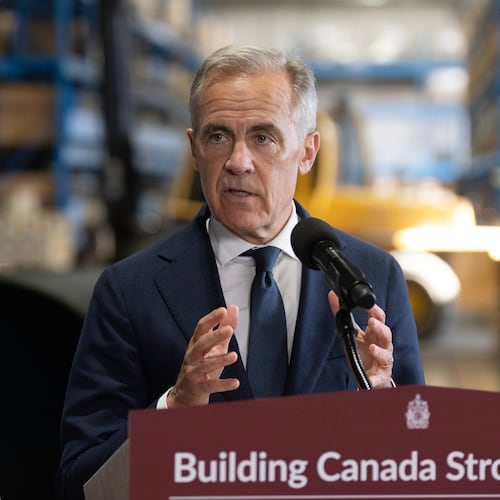 Canada's Prime Minister Mark Carney announces a proposed pipeline from Alberta to the B.C. coast in Calgary, Thursday, July 02, 2026. (Todd Korol/The Canadian Press via AP)