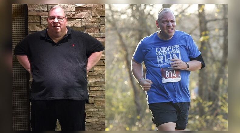 The photo on the left of Michael Hearn was taken in April 2019. The photo on the right was taken during a race this year. Hearn completed his first half-marathon in mid-2021. He has set a goal of running 100 half-marathons in 50 states. (Photos contributed by Michael Hearn)
