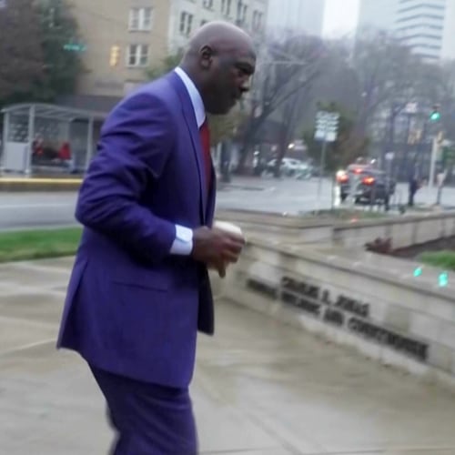 Michael Jordan arriving to federal courthouse to testify in NASCAR antitrust case on Friday, Dec. 5, 2025 in Charlotte, N.C. (AP Photo)