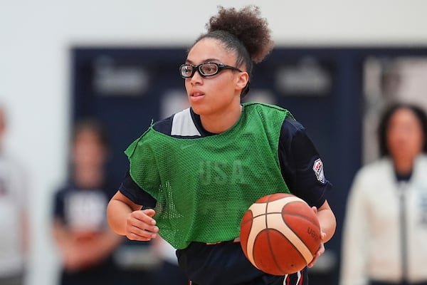FILE - Guard Olivia Miles dribbles up court during practice at USA Basketball women's Americup trials, Wednesday, June 18, 2025, at the USA Olympics training center in Colorado Springs, Colo. (AP Photo/David Zalubowski, File)