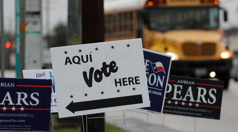 FILE - In this March 2, 2018, file photo, signs mark a polling site as early voting begins, in San Antonio. Democrats in Texas are early voting in bigger numbers ahead of the nation's first primary elections of the 2018 midterms. Turnout figures released Thursday, Feb. 22, 2018, shows more Democrats casting ballots than Republicans since early voting began this week in the nation's biggest conservative state. (AP Photo/Eric Gay, File)