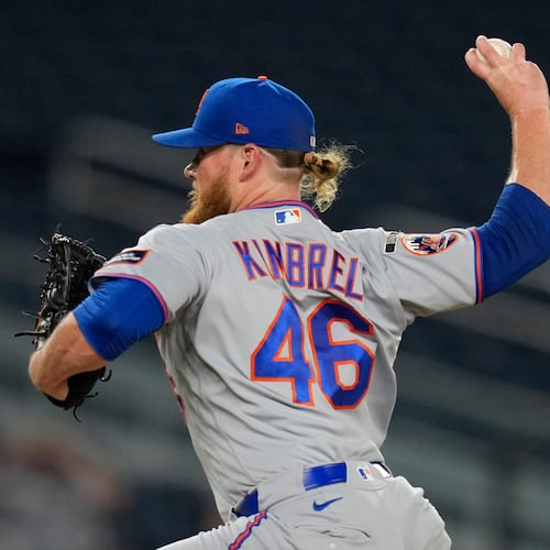 New York Mets pitcher Craig Kimbrel throws to the Washington Nationals during the twelfth inning of a baseball game, Monday, May 18, 2026, in Washington. (AP Photo/Jess Rapfogel)