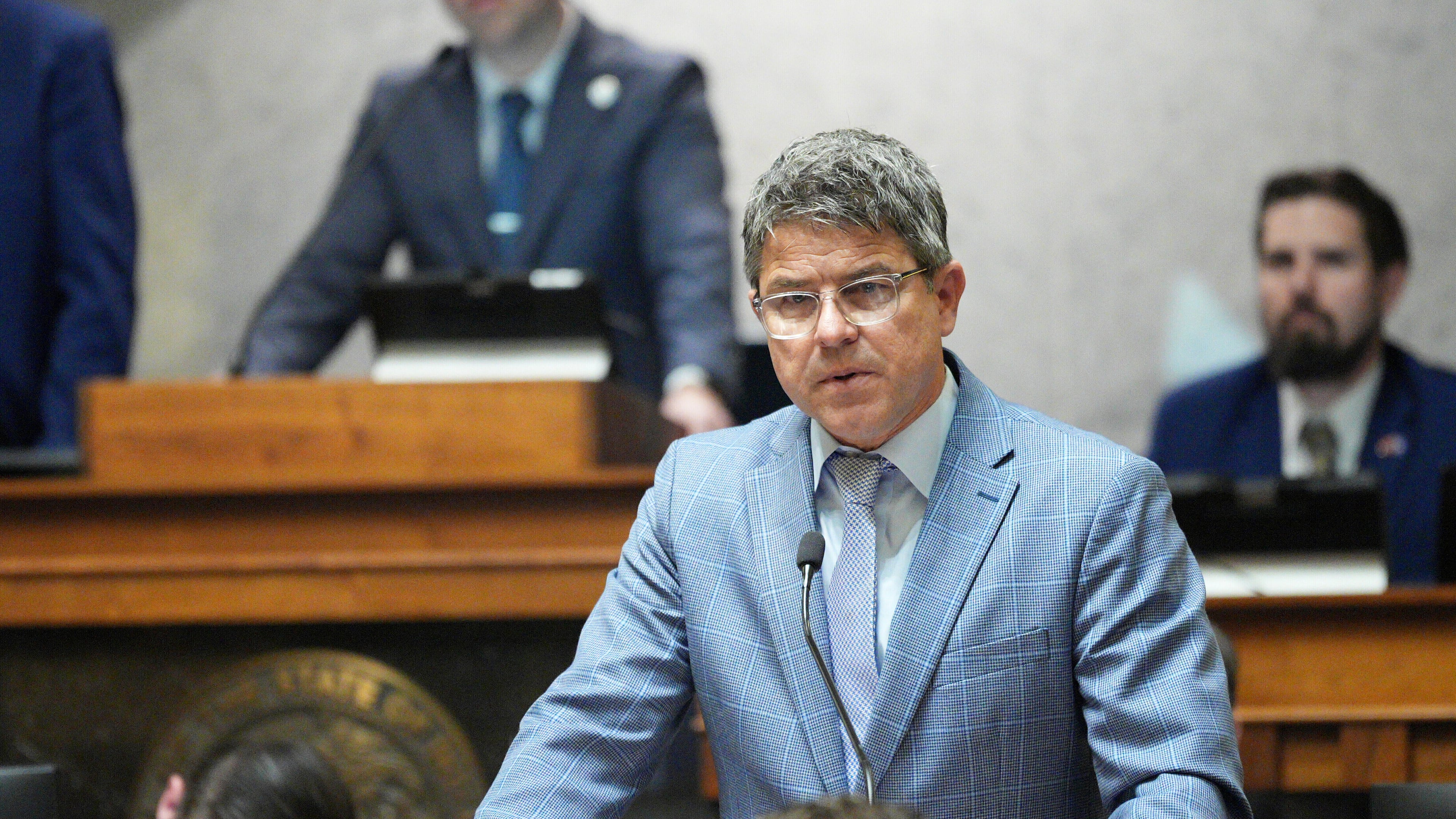 FILE - Indiana Senate President Pro Tempore Rodric Bray speaks in the Senate chamber at the Statehouse in Indianapolis, April 23, 2025. (AP Photo/AJ Mast, File)