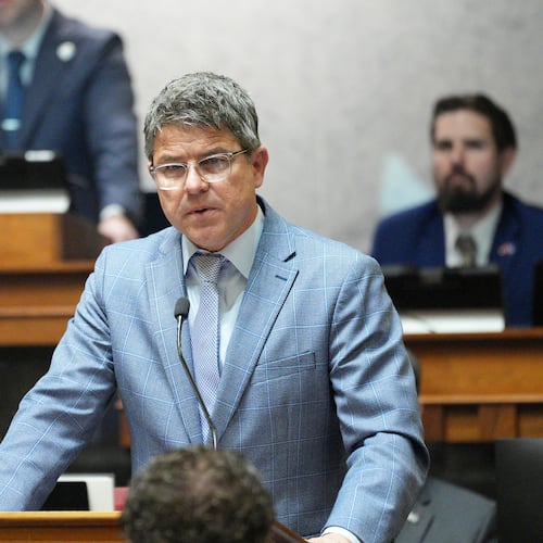 FILE - Indiana Senate President Pro Tempore Rodric Bray speaks in the Senate chamber at the Statehouse in Indianapolis, April 23, 2025. (AP Photo/AJ Mast, File)