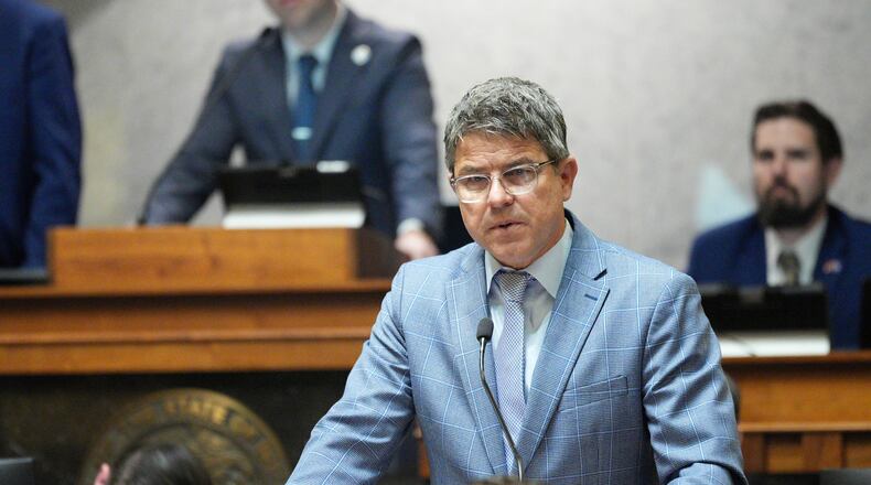 FILE - Indiana Senate President Pro Tempore Rodric Bray speaks in the Senate chamber at the Statehouse in Indianapolis, April 23, 2025. (AP Photo/AJ Mast, File)