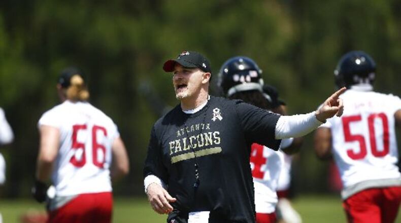 Falcons coach Dan Quinn directs his team during a minicamp this week. (AP photo)