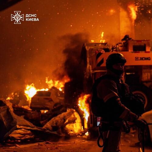 In this photo provided by the Ukrainian Emergency Service, emergency services personnel work to extinguish a fire following a Russian air attack in Kyiv, Ukraine, Wednesday, July 8, 2026. (Ukrainian Emergency Service via AP)