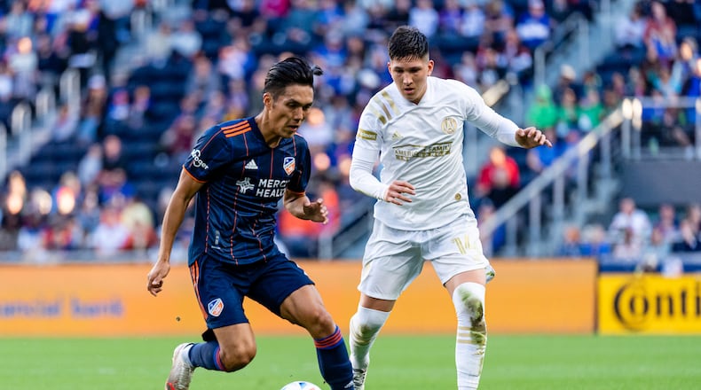 Atlanta United midfielder Franco Ibarra #14 defends during the match against Cincinnati FC at TQL Stadium in Cincinnati, Ohio on Sunday November 7, 2021. (Photo by Jacob Gonzalez/Atlanta United)