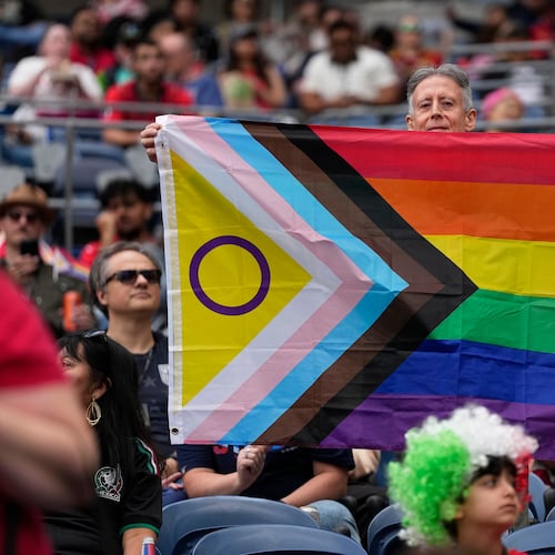 A spectator holds up a flag before the start of the World Cup Group G soccer match between Egypt and Iran in Seattle, Friday, June 26, 2026. (AP Photo//Lindsey Wasson)