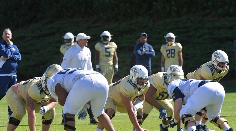 April 16, 2019 Atlanta -  Georgia Tech football players participate in a drill at Georgia Tech's football outdoor practice field on Tuesday, April 16, 2019. HYOSUB SHIN / HSHIN@AJC.COM