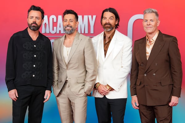 Brad Tursi, from left, Matthew Ramsey, Geoff Sprung, and Trevor Rosen, of Old Dominion, arrive at the 60th annual Academy of Country Music Awards on Thursday, May 8, 2025, in Frisco, Texas. (AP Photo/LM Otero)