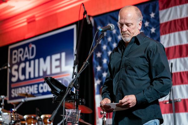 Wisconsin Supreme Court candidate Brad Schimel makes his concession speech to a crowd at his election night party Tuesday, April 1, 2025, in Pewaukee, Wis. (AP Photo/Andy Manis)