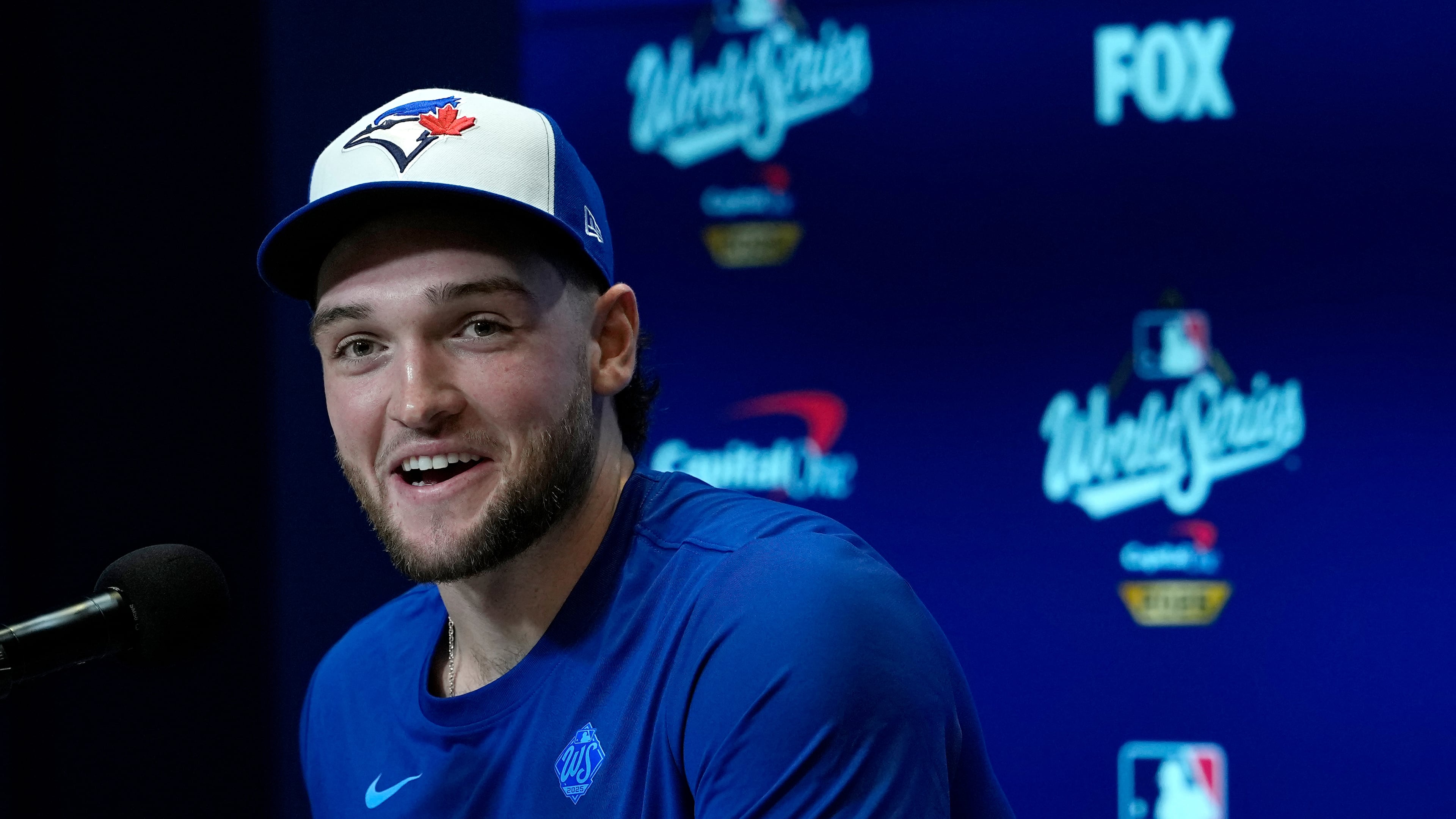 Toronto Blue Jays pitcher Trey Yesavage speaks during a World Series baseball media day, Thursday, Oct. 23, 2025, in Toronto. The Toronto Blue Jays face the Los Angeles Dodgers in Game 1 on Friday. (AP Photo/David J. Phillip)