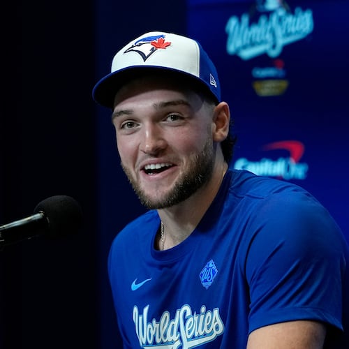 Toronto Blue Jays pitcher Trey Yesavage speaks during a World Series baseball media day, Thursday, Oct. 23, 2025, in Toronto. The Toronto Blue Jays face the Los Angeles Dodgers in Game 1 on Friday. (AP Photo/David J. Phillip)