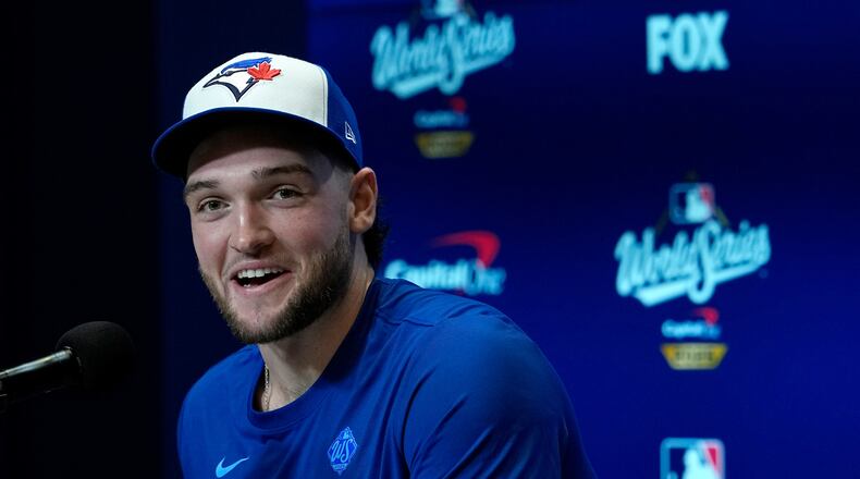 Toronto Blue Jays pitcher Trey Yesavage speaks during a World Series baseball media day, Thursday, Oct. 23, 2025, in Toronto. The Toronto Blue Jays face the Los Angeles Dodgers in Game 1 on Friday. (AP Photo/David J. Phillip)