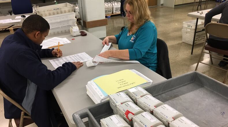Montgomery County Board of Elections clerks Priscilla Ritchie and Joshua Pettis reconcile the voter-verified paper record of votes with what electronic touch-screen voting machines recorded. It is part of Ohio’s mandated audit of a sampling of the Nov. 8 vote. Montgomery County’s audit found 100 percent of audited ballots matched the certified election results. LYNN HULSEY/STAFF