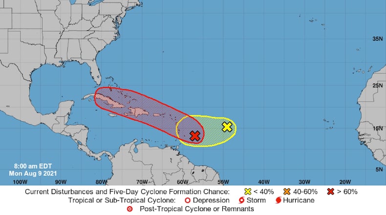 The National Hurricane Center said the disturbance closest to the Antilles is likely to strengthen into a tropical depression, and possibly a tropical storm, in the next two days. (National Hurricane Center/TNS)