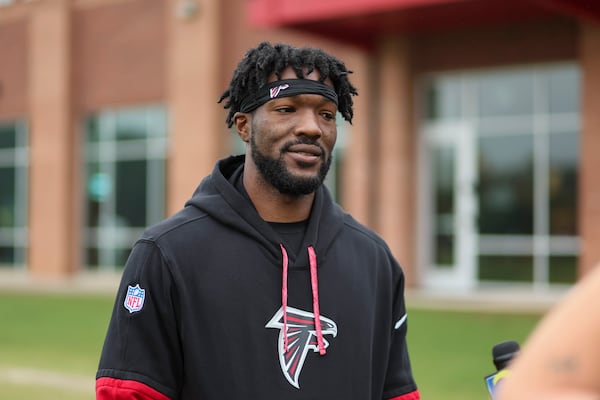 Falcons edge rusher Leonard Floyd, who is set to enter his 10th season in the league, is fine with being the veteran leader. “I hope so, but I lead by example,” Floyd said. “I have got to go out and just play.” (Jason Getz/AJC)