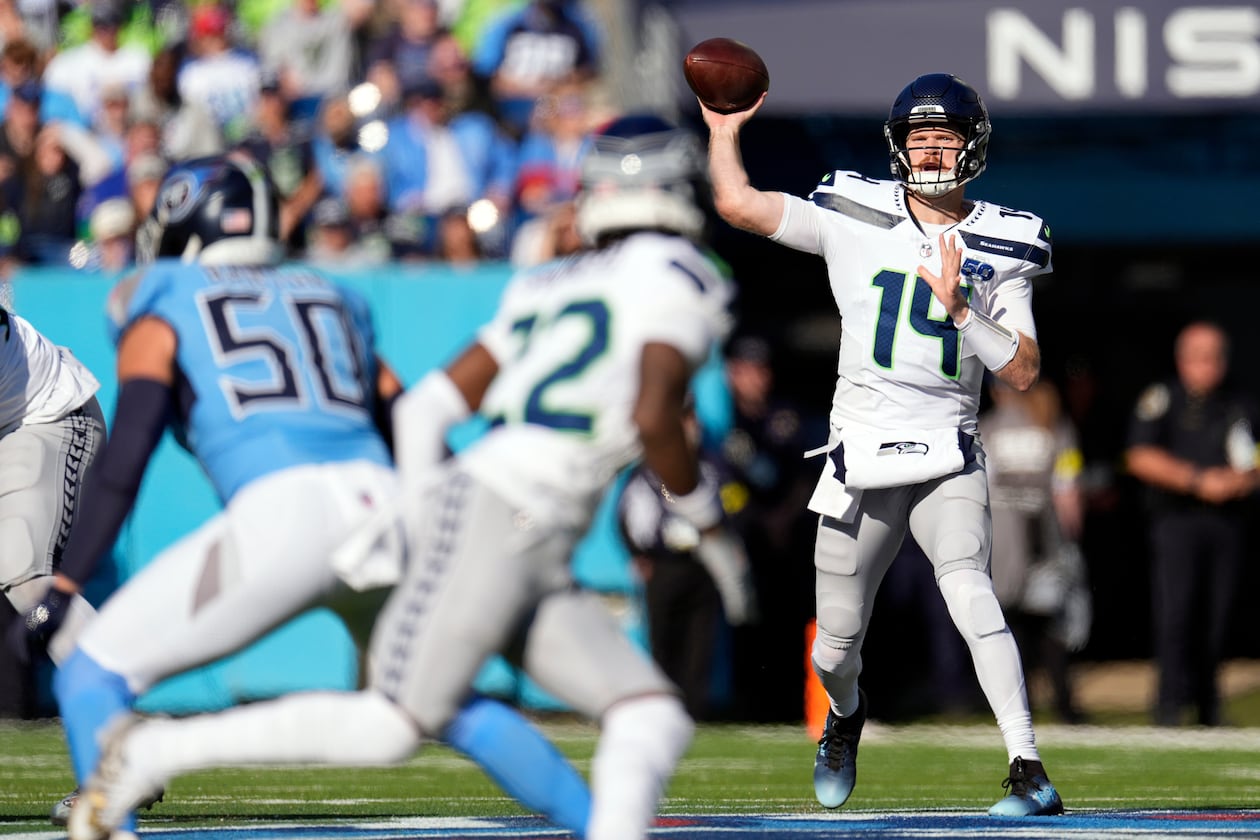 Seattle Seahawks quarterback Sam Darnold, who was with Minnesota last season, signed a three-year, $100.5 million contract with the Seahawks in free agency. (George Walker IV/AP)