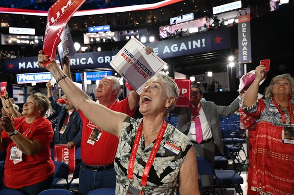 Georgia delegates react at the end of the second day of the Republican National Convention, Tuesday, July 16, 2024, in downtown Milwaukee, WI. . (Hyosub Shin / AJC)