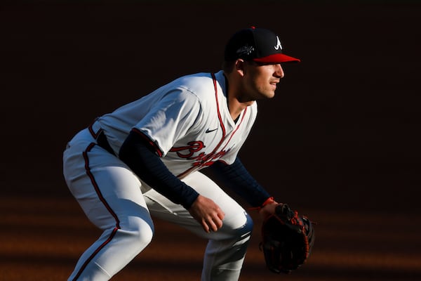 Braves third baseman Austin Riley prepares to field a ball during Monday's first inning.