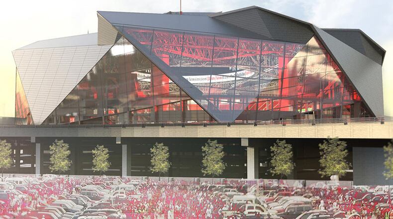 A rendering of the view of the new Atlanta Falcons stadium in Atlanta from the area known as "The Gulch." The Falcons began selling seat licenses for the stadium - expected to be ready in 2017 - in January.