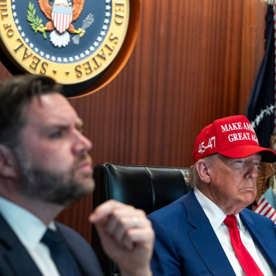 President Donald Trump (right) and Vice President JD Vance sit in the Situation Room on Saturday, June 21, 2025, at the White House in Washington. (White House via AP)